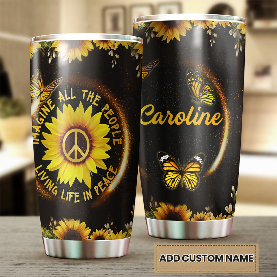 Camellia Personalized Hippie Sunflowers Imagine All The People Living Life In Peace Stainless Steel Tumbler-Double-Walled Insulation Travel Cup With Lid