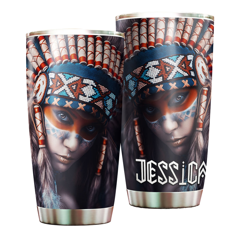 Camellia Personalized Native American Girl Stainless Steel Tumbler-Double-Walled Insulation Cup With Lid Gift For Native American Girl