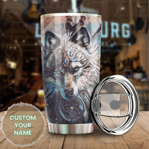 Camellia Persionalized 3D Wolf Dreamcatcher Stainless Steel Tumbler - Customized Double - Walled Insulation Travel Thermal Cup With Lid Gift For Wolf Lover