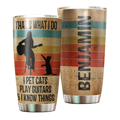 Camellia Personalized 3D Vintage Woman Pets Cats Play Guitar And Know Things Stainless Steel Tumbler - Customized Double-Walled Insulation Thermal Cup With Lid Gift For Guitarist