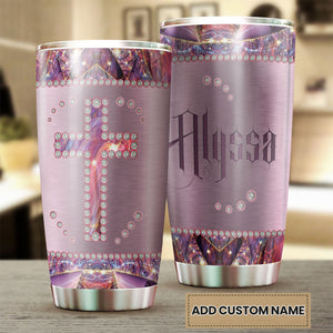 Camellia Personalized God Crystal Cross Stainless Steel Tumbler - Customized Double-Walled Insulation Travel Thermal Cup With Lid Gift For Christian
