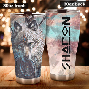 Camellia Persionalized 3D Wolf Dreamcatcher Stainless Steel Tumbler - Customized Double - Walled Insulation Travel Thermal Cup With Lid Gift For Wolf Lover