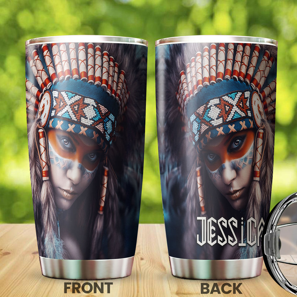 Camellia Personalized Native American Girl Stainless Steel Tumbler-Double-Walled Insulation Cup With Lid Gift For Native American Girl