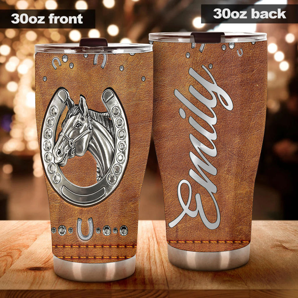 Camellia Personalized Horse Jewelry Leather Style Stainless Steel Tumbler - Double-Walled Insulation Vacumm Flask - Gift For Horse Lovers, Cowgirls, Cowboys, Perfect Christmas, Thanksgiving Gift