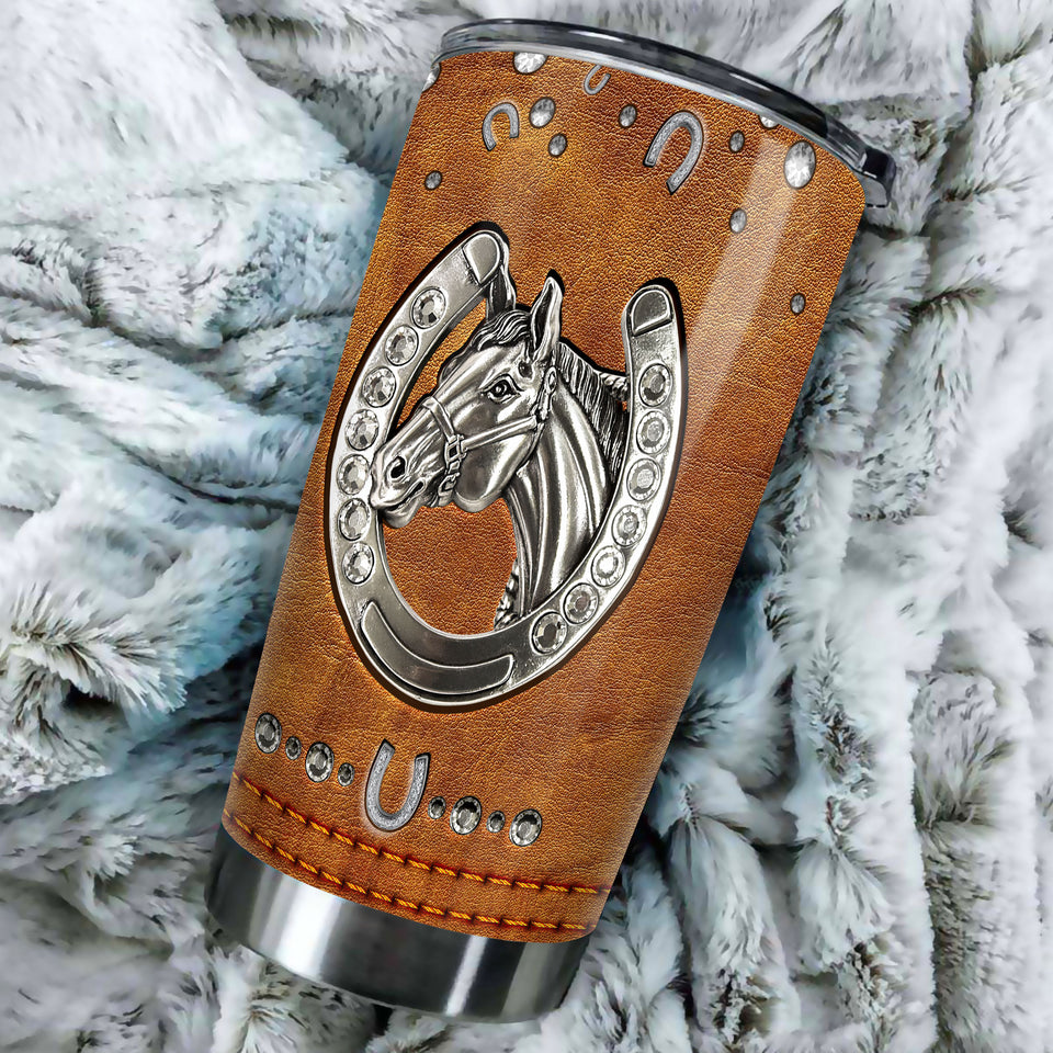 Camellia Personalized Horse Jewelry Leather Style Stainless Steel Tumbler - Double-Walled Insulation Vacumm Flask - Gift For Horse Lovers, Cowgirls, Cowboys, Perfect Christmas, Thanksgiving Gift