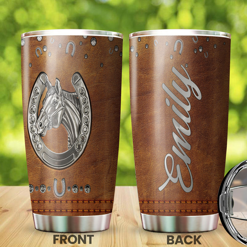 Camellia Personalized Horse Jewelry Leather Style Stainless Steel Tumbler - Double-Walled Insulation Vacumm Flask - Gift For Horse Lovers, Cowgirls, Cowboys, Perfect Christmas, Thanksgiving Gift