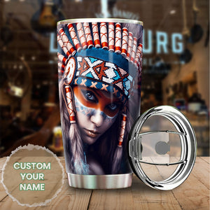 Camellia Personalized Native American Girl Stainless Steel Tumbler-Double-Walled Insulation Cup With Lid Gift For Native American Girl