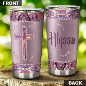 Camellia Personalized God Crystal Cross Stainless Steel Tumbler - Customized Double-Walled Insulation Travel Thermal Cup With Lid Gift For Christian