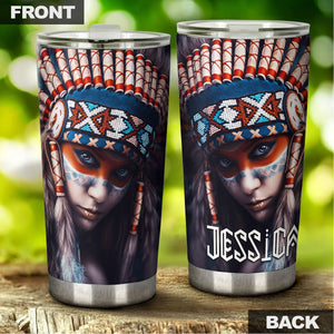 Camellia Personalized Native American Girl Stainless Steel Tumbler-Double-Walled Insulation Cup With Lid Gift For Native American Girl