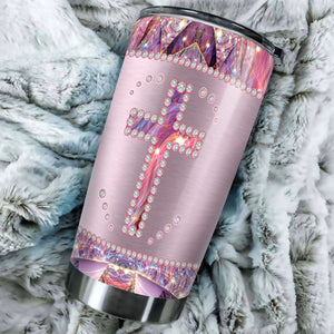 Camellia Personalized God Crystal Cross Stainless Steel Tumbler - Customized Double-Walled Insulation Travel Thermal Cup With Lid Gift For Christian