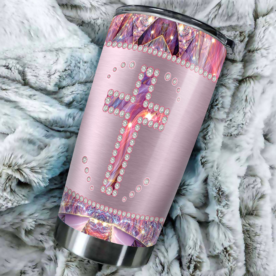 Camellia Personalized God Crystal Cross Stainless Steel Tumbler - Customized Double-Walled Insulation Travel Thermal Cup With Lid Gift For Christian