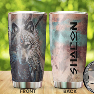 Camellia Persionalized 3D Wolf Dreamcatcher Stainless Steel Tumbler - Customized Double - Walled Insulation Travel Thermal Cup With Lid Gift For Wolf Lover