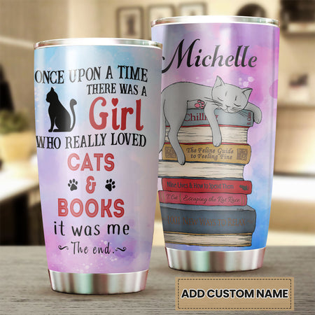 Camellia Personalized Once Upon A Time There Was A Girl Who Really Loved Book And Cat Stainless Steel Tumbler - Double-Walled Insulation Vacumm Flask - Gift For Book Lovers, Nerd, Cat Lovers