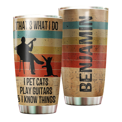 Camellia Personalized 3D Vintage Man Pets Cats Play Guitar And Know Things Stainless Steel Tumbler - Customized Double-Walled Insulation Thermal Cup With Lid Gift For Guitarist