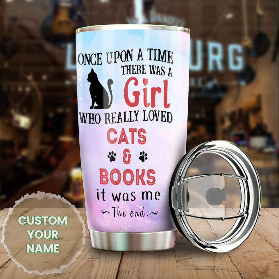 Camellia Personalized Once Upon A Time There Was A Girl Who Really Loved Book And Cat Stainless Steel Tumbler - Double-Walled Insulation Vacumm Flask - Gift For Book Lovers, Nerd, Cat Lovers