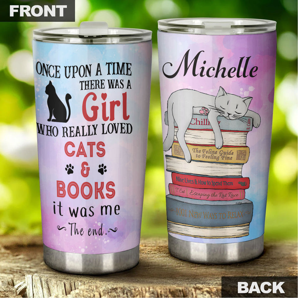 Camellia Personalized Once Upon A Time There Was A Girl Who Really Loved Book And Cat Stainless Steel Tumbler - Double-Walled Insulation Vacumm Flask - Gift For Book Lovers, Nerd, Cat Lovers