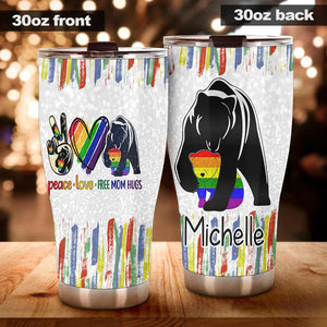 Camellia Persionalized LGBT Bear Peace Love Free Mom Hugs Stainless Steel Tumbler - Customized Double - Walled Insulation Travel Thermal Cup With Lid