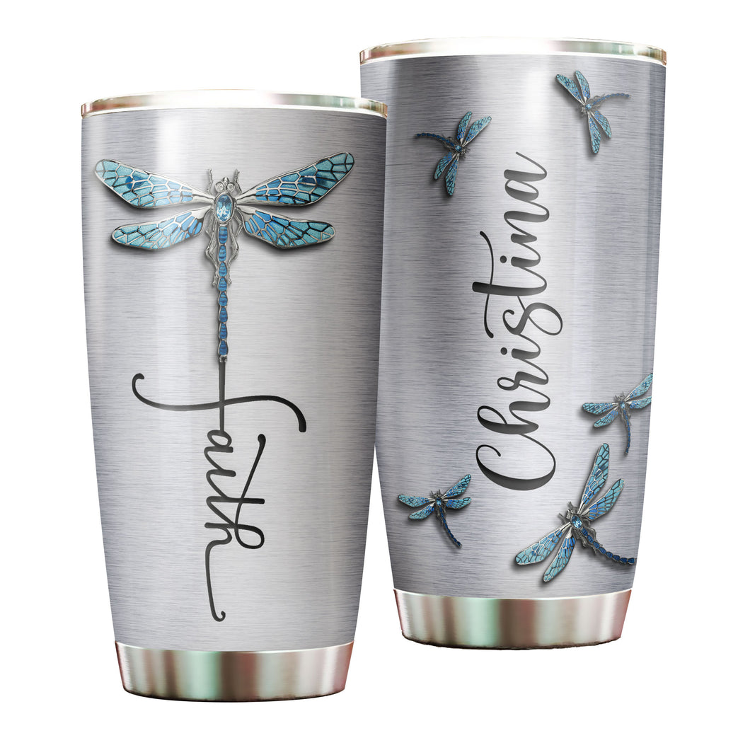 Camellia Personalized Dragonfly Faith Stainless Steel Tumbler - Customized Double-Walled Insulation Travel Thermal Cup With Lid Gift For Dragonfly Lover