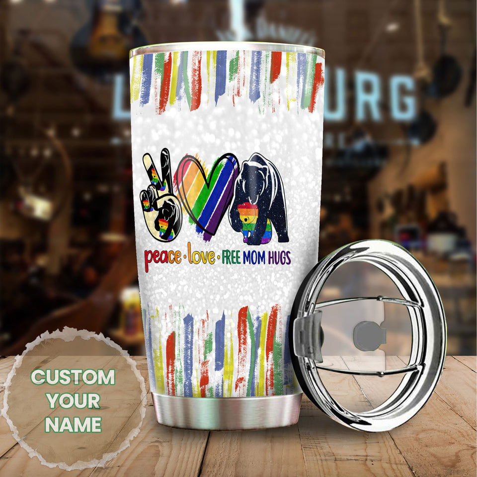 Camellia Persionalized LGBT Bear Peace Love Free Mom Hugs Stainless Steel Tumbler - Customized Double - Walled Insulation Travel Thermal Cup With Lid