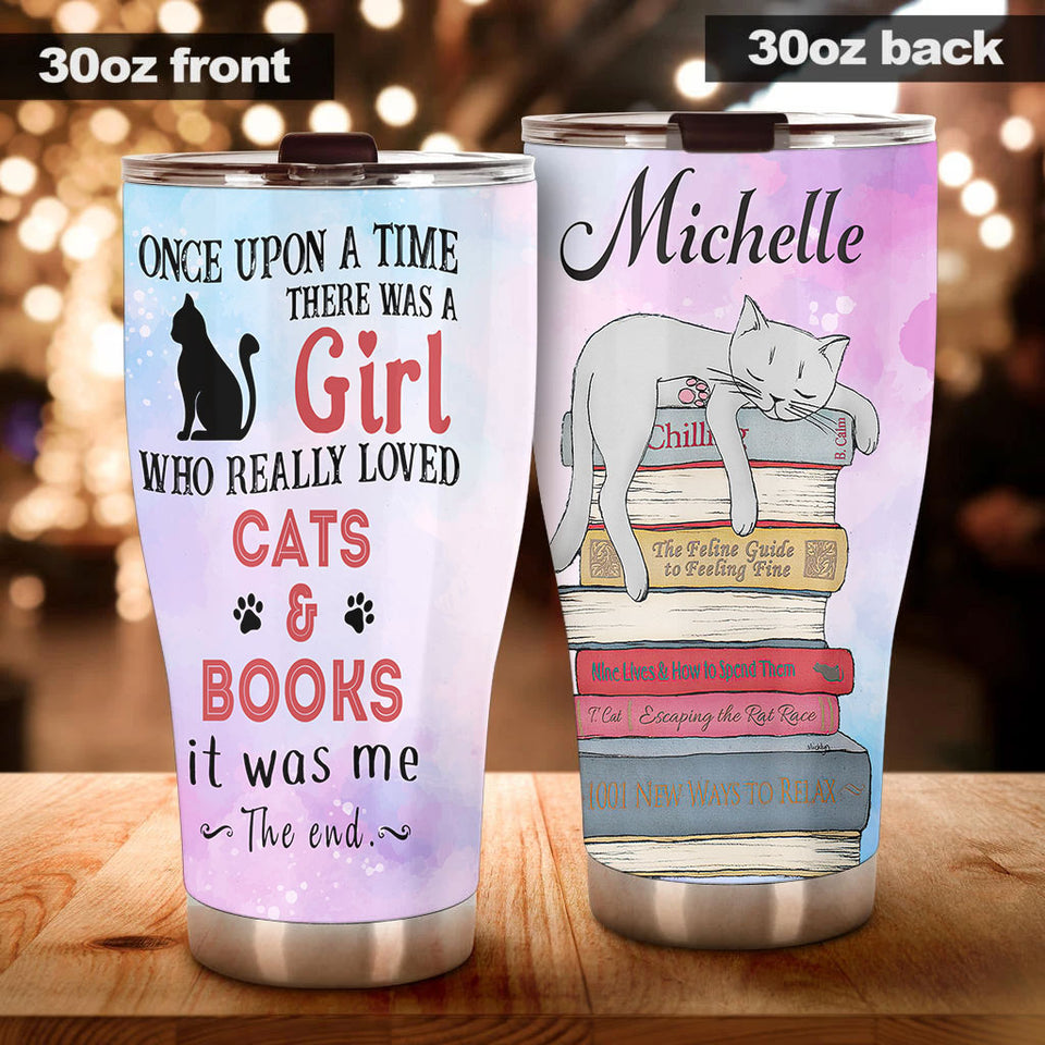 Camellia Personalized Once Upon A Time There Was A Girl Who Really Loved Book And Cat Stainless Steel Tumbler - Double-Walled Insulation Vacumm Flask - Gift For Book Lovers, Nerd, Cat Lovers