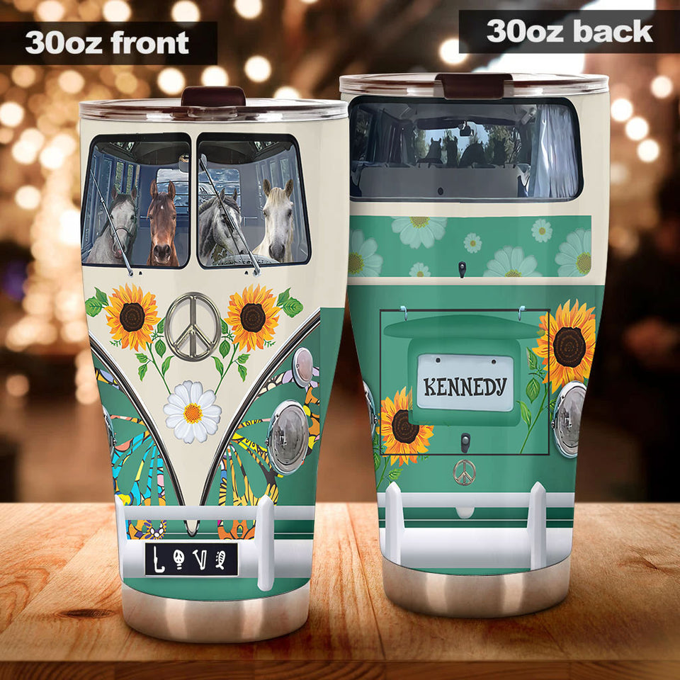 Camellia Personalized Horse Hippie Van Stainless Steel Tumbler - Double-Walled Insulation Vacumm Flask - Gift For Horse Lovers, Cowgirls, Cowboys, Perfect Christmas, Thanksgiving Gift