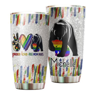 Camellia Persionalized LGBT Bear Peace Love Free Mom Hugs Stainless Steel Tumbler - Customized Double - Walled Insulation Travel Thermal Cup With Lid