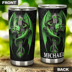 Camellia Personalized Green Dragon Cross Stainless Steel Tumbler - Customized Double-Walled Insulation Travel Thermal Cup With Lid Gift For Christian