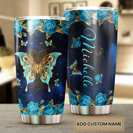 Camellia Personalized Blue Rose Butterfly Stainless Steel Tumbler - Double-Walled Insulation Vacumm Flask - Gift For Thanksgiving, Memorial Day, Rose Lovers