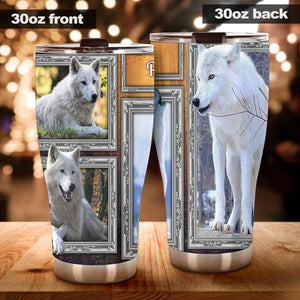 Camellia Persionalized 3D White Wolf Picture Stainless Steel Tumbler - Customized Double - Walled Insulation Travel Thermal Cup With Lid Gift For Wolf Lover