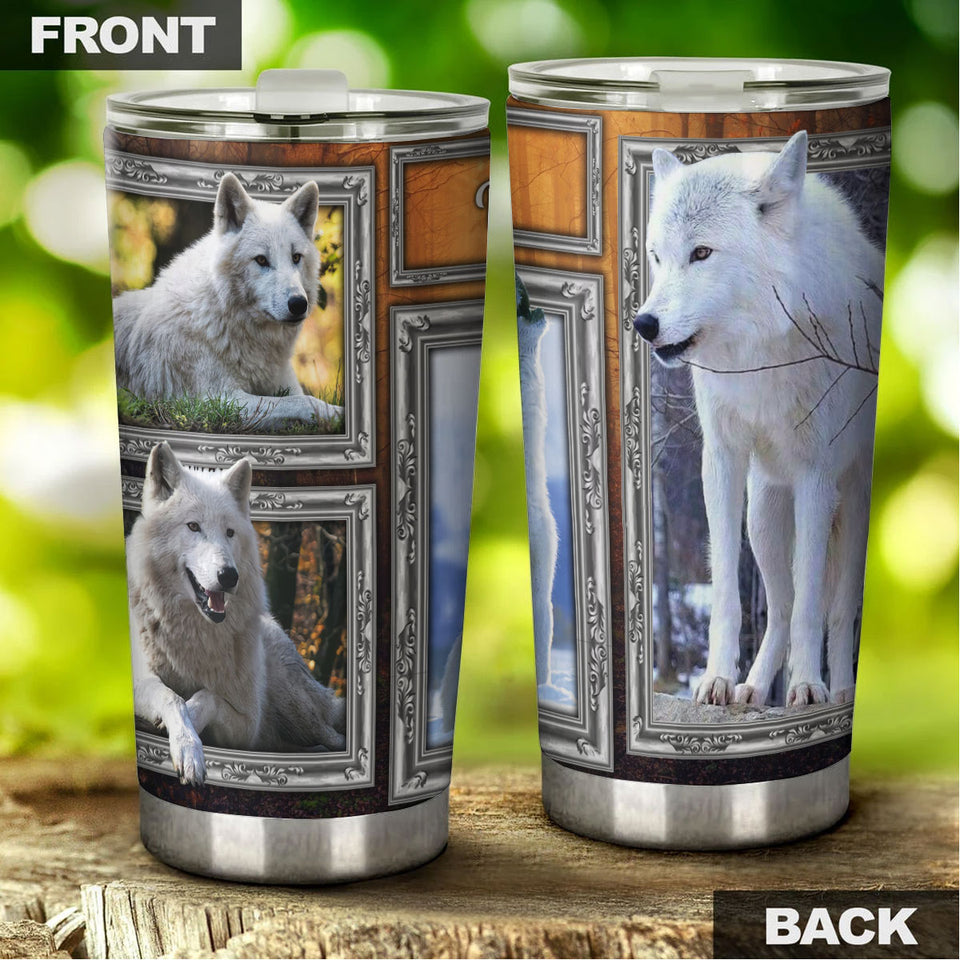 Camellia Persionalized 3D White Wolf Picture Stainless Steel Tumbler - Customized Double - Walled Insulation Travel Thermal Cup With Lid Gift For Wolf Lover