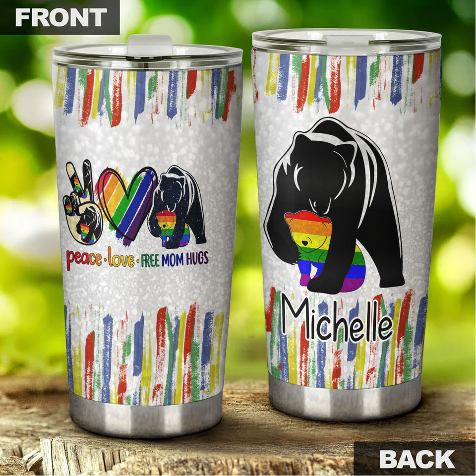 Camellia Persionalized LGBT Bear Peace Love Free Mom Hugs Stainless Steel Tumbler - Customized Double - Walled Insulation Travel Thermal Cup With Lid