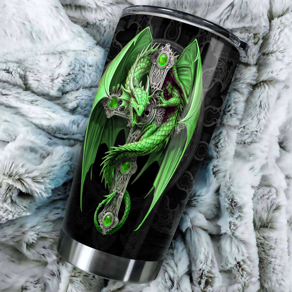 Camellia Personalized Green Dragon Cross Stainless Steel Tumbler - Customized Double-Walled Insulation Travel Thermal Cup With Lid Gift For Christian
