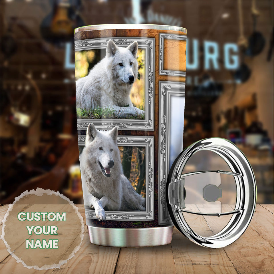 Camellia Persionalized 3D White Wolf Picture Stainless Steel Tumbler - Customized Double - Walled Insulation Travel Thermal Cup With Lid Gift For Wolf Lover