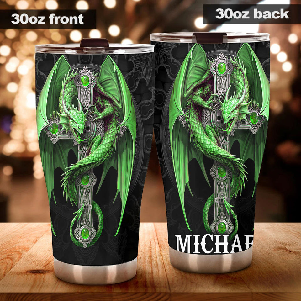 Camellia Personalized Green Dragon Cross Stainless Steel Tumbler - Customized Double-Walled Insulation Travel Thermal Cup With Lid Gift For Christian