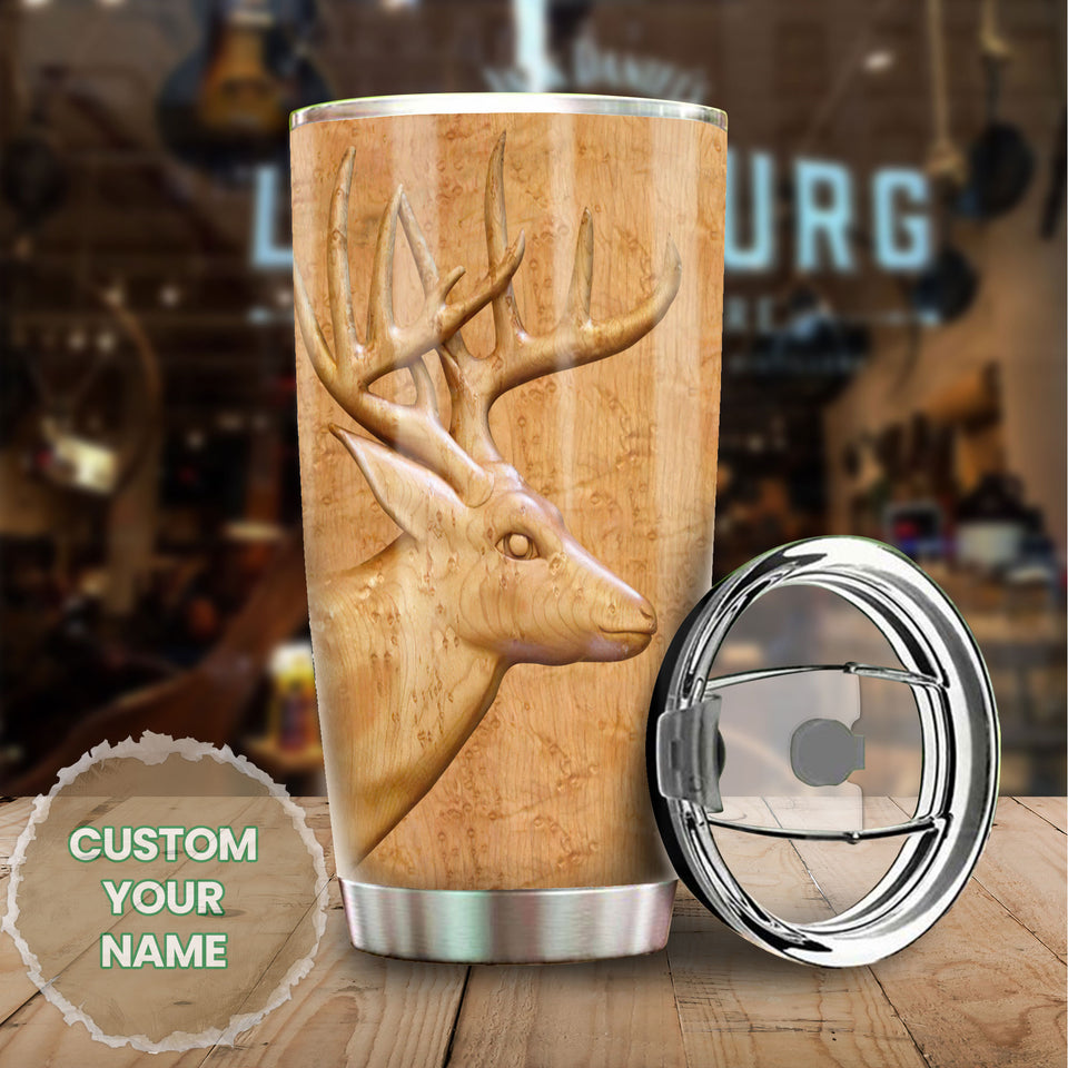 Camellia Persionalized 3D Deer Wood Style Stainless Steel Tumbler - Customized Double - Walled Insulation Travel Thermal Cup With Lid