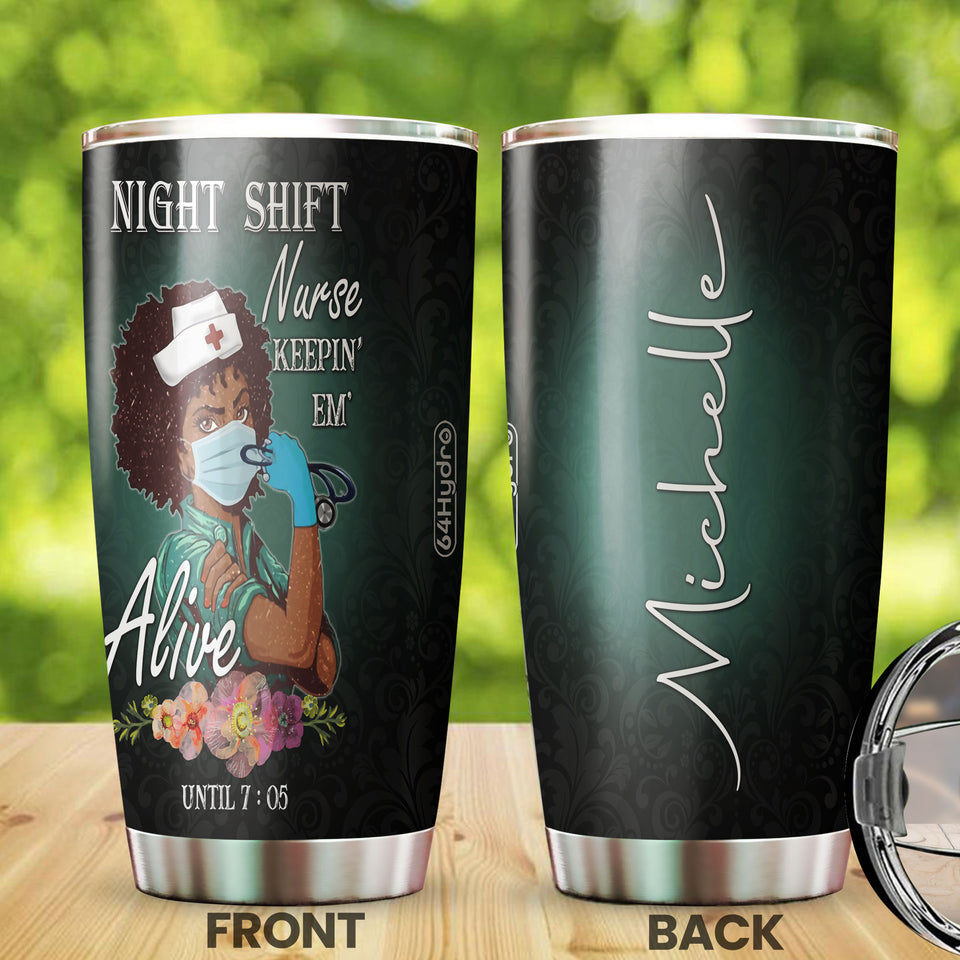 Camellia Personalized Black Nurse Night Shift Stainless Steel Tumbler - Double-Walled Insulation Vacumm Flask - Gift For Black Queen, International Women's Day, Nurse's Day