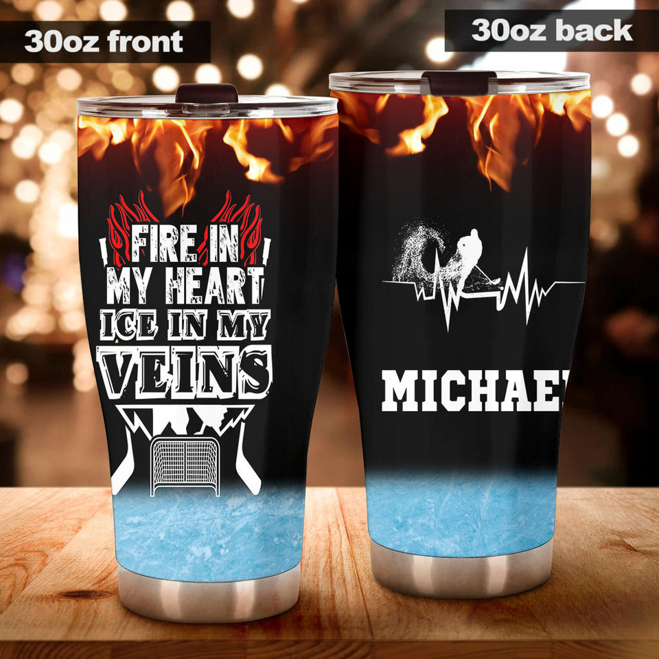 Camellia Personalized Hockey Fire In My Heart Ice In My Veins Stainless Steel Tumbler-Double-Walled Insulation  Cup With Lid Gift For Hockey Player