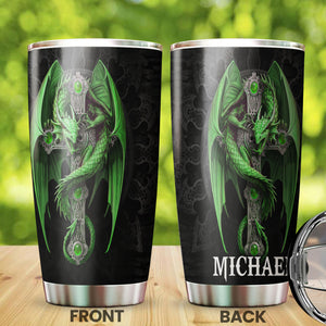 Camellia Personalized Green Dragon Cross Stainless Steel Tumbler - Customized Double-Walled Insulation Travel Thermal Cup With Lid Gift For Christian