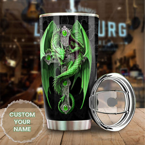 Camellia Personalized Green Dragon Cross Stainless Steel Tumbler - Customized Double-Walled Insulation Travel Thermal Cup With Lid Gift For Christian