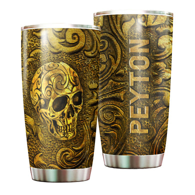 Camellia Personalized Golden Skull Stainless Steel Tumbler - Customized Double-Walled Insulation Travel Thermal Cup With Lid