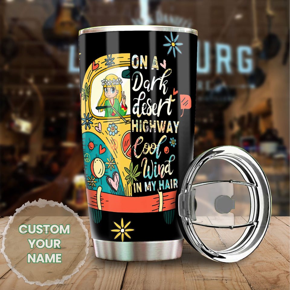 Camellia Personalized Hippie Girl In The Dark Desert Highway Cool wind In My Hair Stainless Steel Tumbler-Sweat-Proof Double Wall Travel Cup With Lid Gift For Hippie Girl