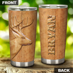 Camellia Persionalized 3D Deer Wood Style Stainless Steel Tumbler - Customized Double - Walled Insulation Travel Thermal Cup With Lid