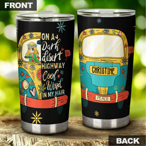 Camellia Personalized Hippie Girl In The Dark Desert Highway Cool wind In My Hair Stainless Steel Tumbler-Sweat-Proof Double Wall Travel Cup With Lid Gift For Hippie Girl