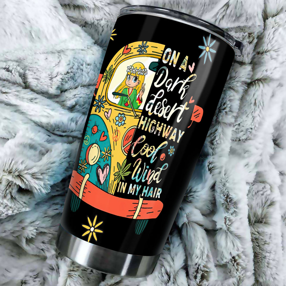 Camellia Personalized Hippie Girl In The Dark Desert Highway Cool wind In My Hair Stainless Steel Tumbler-Sweat-Proof Double Wall Travel Cup With Lid Gift For Hippie Girl