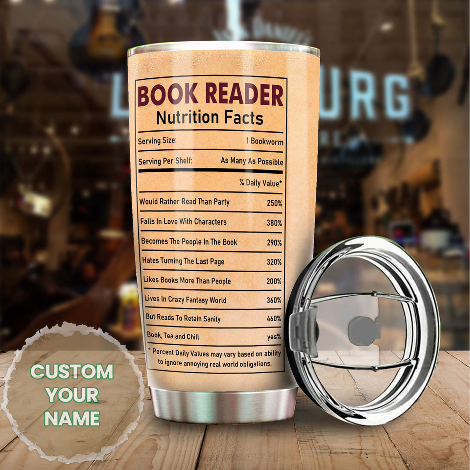 Camellia Personalized Book Reader Nutrition Facts Stainless Steel Tumbler - Double-Walled Insulation Vacumm Flask - Gift For Book Lovers, Nerd, International Book Day