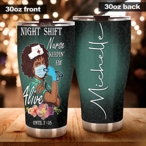 Camellia Personalized Black Nurse Night Shift Stainless Steel Tumbler - Double-Walled Insulation Vacumm Flask - Gift For Black Queen, International Women's Day, Nurse's Day