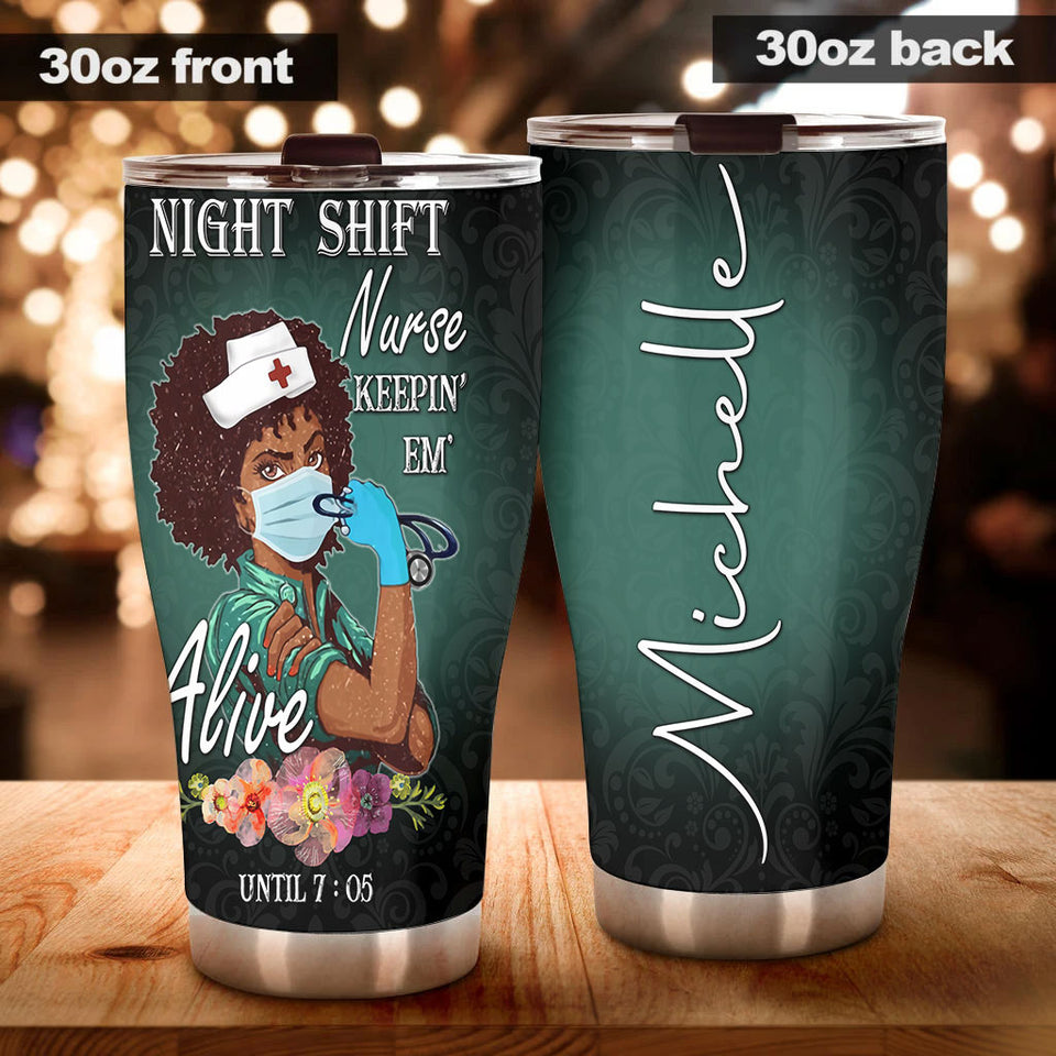 Camellia Personalized Black Nurse Night Shift Stainless Steel Tumbler - Double-Walled Insulation Vacumm Flask - Gift For Black Queen, International Women's Day, Nurse's Day