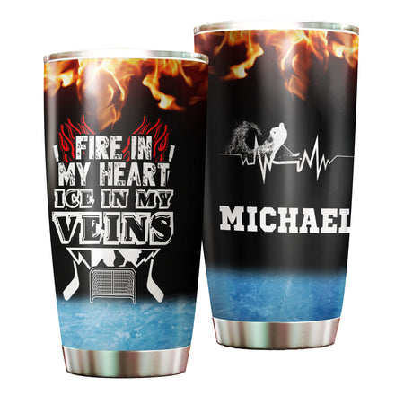 Camellia Personalized Hockey Fire In My Heart Ice In My Veins Stainless Steel Tumbler-Double-Walled Insulation  Cup With Lid Gift For Hockey Player