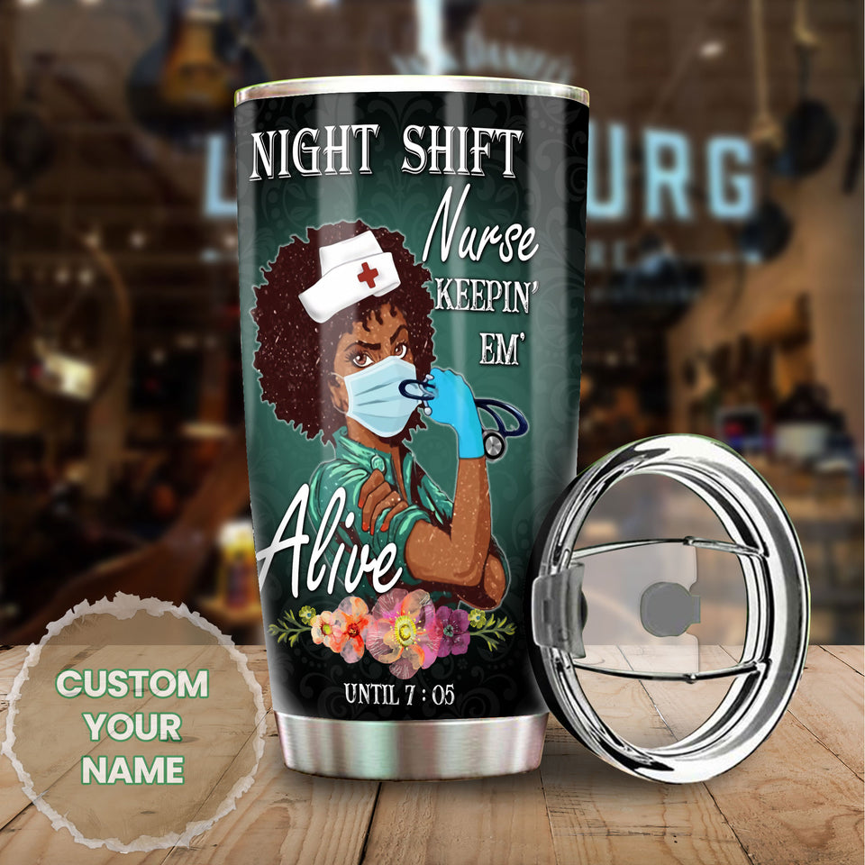 Camellia Personalized Black Nurse Night Shift Stainless Steel Tumbler - Double-Walled Insulation Vacumm Flask - Gift For Black Queen, International Women's Day, Nurse's Day