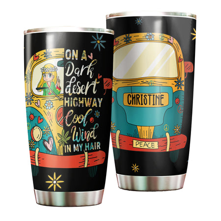 Camellia Personalized Hippie Girl In The Dark Desert Highway Cool wind In My Hair Stainless Steel Tumbler-Sweat-Proof Double Wall Travel Cup With Lid Gift For Hippie Girl